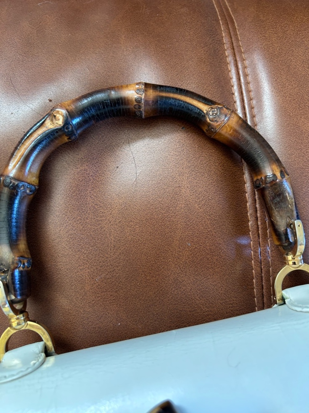 White Leather Bamboo-Handle Top-Handle Purse - Picture 8 of 13
